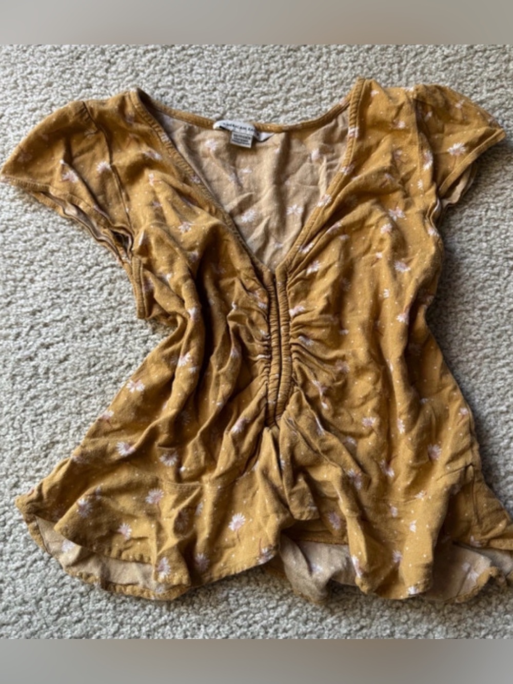 American Eagle Outfitters Mustard Floral Ruched V-Neck Top